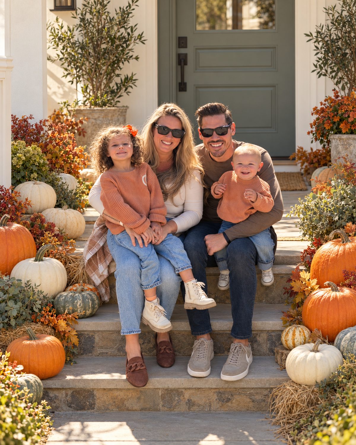 The Taylors with their two kids on their pumpkin-decorated front steps