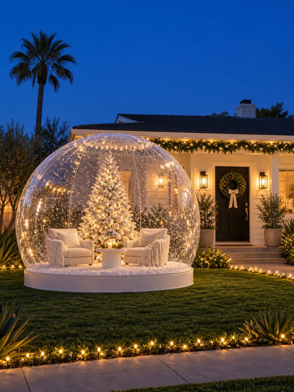 A lit walk-in snow globe with two chairs and a flocked tree on a front lawn at dusk