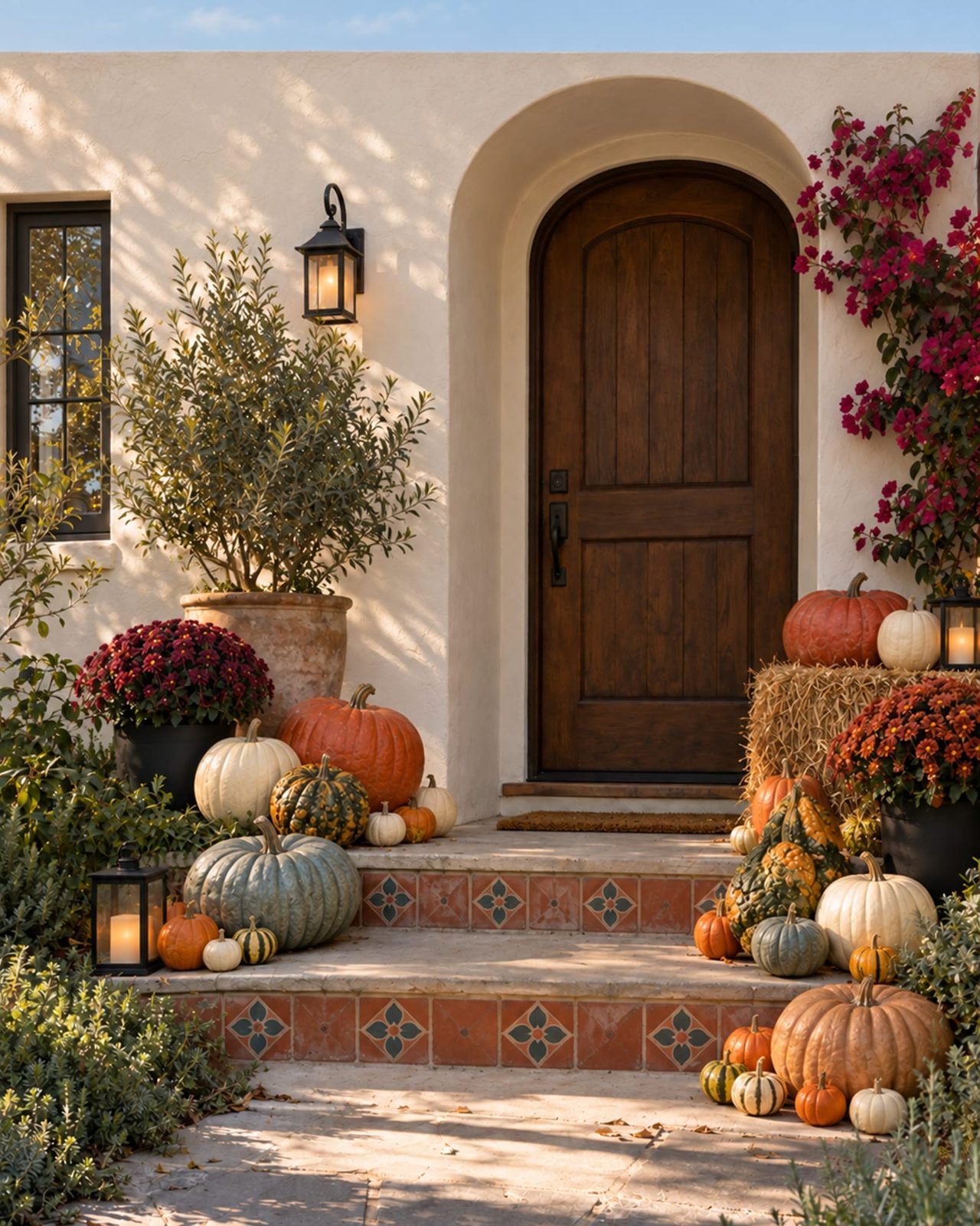 The Signature package: heirloom pumpkins, mums, and a straw bale styled on the steps of a white Spanish-style bungalow in Point Loma