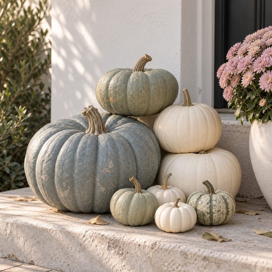 Coastal Neutral: blue-grey Jarrahdale and white pumpkins with a blush mum on a white step