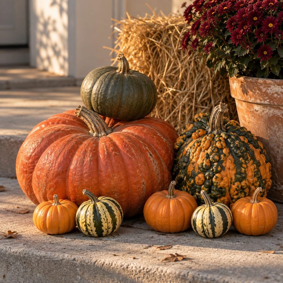 Classic Harvest: an orange Cinderella pumpkin, a warty specialty pumpkin, minis, and a burgundy mum