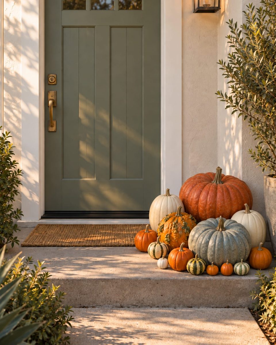 A compact cluster of heirloom pumpkins beside a sage-green front door