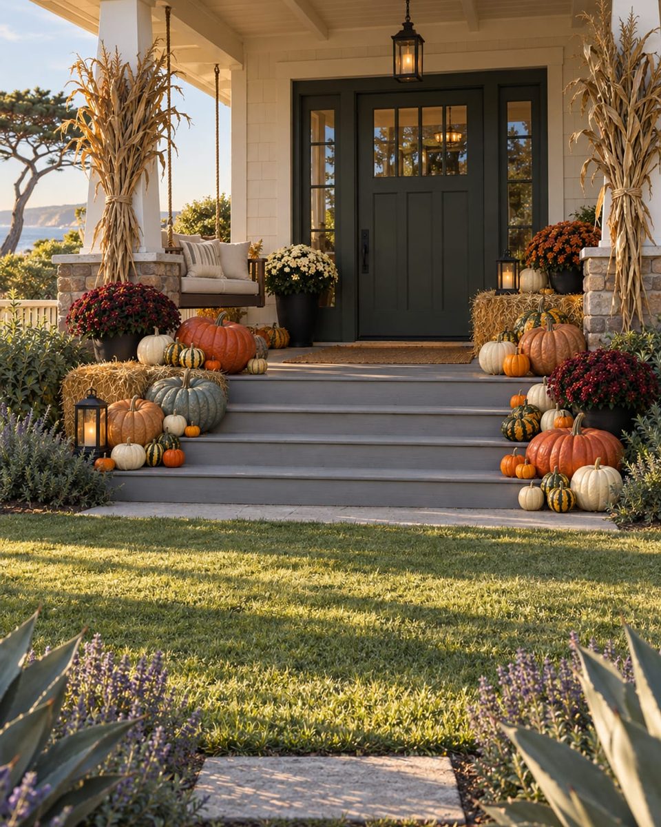 A wide Craftsman porch with pumpkins cascading down both sides of the steps, corn stalks on the columns, and the ocean behind