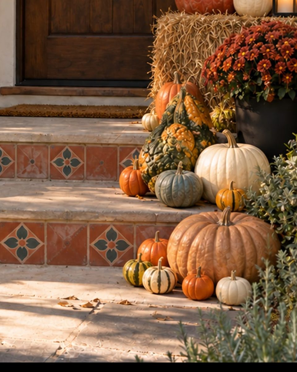 Detail of The Signature: a straw bale stacked with a Cinderella and a white pumpkin, a rust mum, and gourds down the tile steps